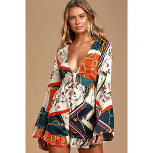 Lulus Never Letting Go White Scarf Print Tie-front Bell Sleeve Romper - Size S